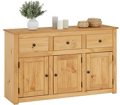 CARO-Möbel Kommode Cancun im Landhaus Stil, Sideboard mit 3 Türen und Schubladen, Moderne Anrichte aus Kiefer massiv mit gebeizter gewachster Oberfläche