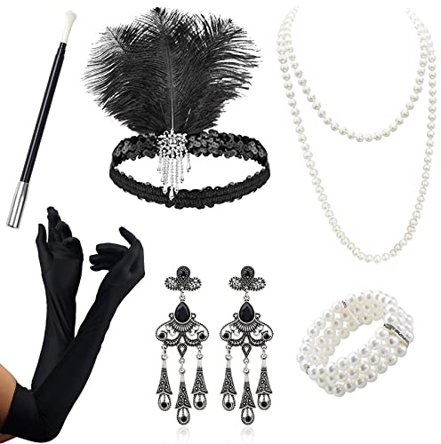 VEGCOO Zubehör Jahr 20 Damen, 6 Stück, Zubehör Gatsby Kostüm Set Charleston Damen Zubehör für Maskerade Halloween Weihnachten (Silber)