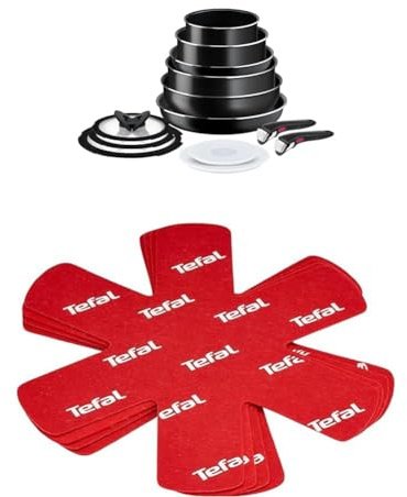 Tefal Ingenio Easy ON Pots & Pans Set, 13 Pieces, Stackable, Removable Handle, Space Saving, Non-Stick, Black, L1599243 & K2203004 Set of 4 Red Pan Protectors