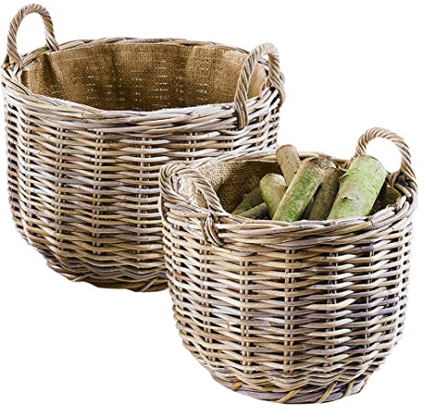 Kobolo Holztrage Holzkorb für Kaminholz Kaminholzkorb - rund, grau - Rattan - 2er Set