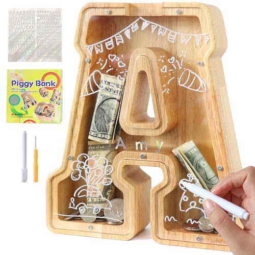 Lakpopya Spardose Kinder Jungen, Personalisiert Holz A-Z Sparschwein | Durchsichtig Buchstabe A-Z Sparbüchse für Kinder Mädchen Erwachsene mit Aufklebern und Filzstift, Taufe Geschenk Dekoration