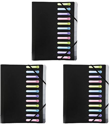 Exacompta 55981E Premium Ordnungsmappe Opak. Aus stabilem Kunststoff DIN A4 12 Fächer 3 Klappen dehnbarer Rücken und 2 Gummizüge Register-Mappe Eckanner-Mappe Schwarz (Packung mit 3)