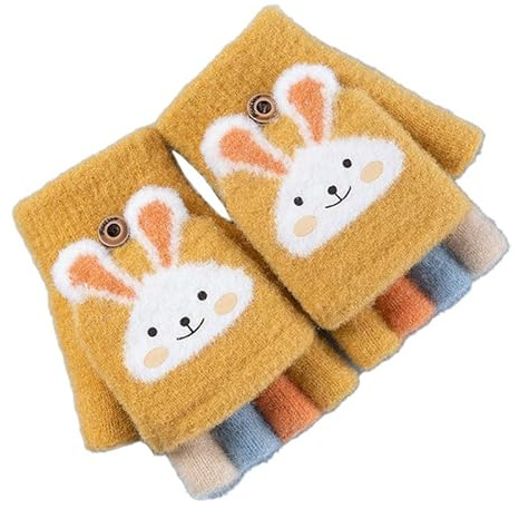 FUNLOV Children Flip Cover Half Finger Gloves Kids Winter Knitted Warm Glove Cute Cartoon Bunny Fingerless Mittens with Flip Top Suitable for 6-12 Kid (yellow)