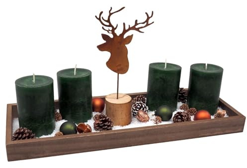 ZauberDeko Tablett Braun Kerzen Grün Hirschkopf Kupfer Orange Weihnachten Deko Adventsgesteck