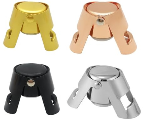 4-Pack Stainless Steel Champagne or Sparkling Wine Stoppers - Vacuum Sealed, Rust-Resistant, Easy Clean, Airtight Seal - Silver, Gold, Rose, Black