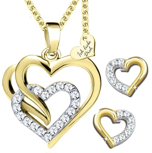 Limana Schmuckset Damen Silber 925 Gold Herzkette Herz Kette mit Ohrringe Ohrstecker vergoldet Goldkette Ich Liebe Dich Weihnachten Geschenk für Freundin Frauen Ehefrau