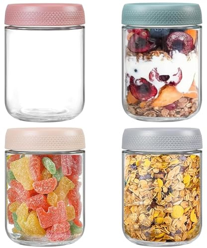 ALINK 4-pack 16 oz Overnight Oats Containers with Lids, Glass jars with Airtight Lids, Wide mouth Mason Salad jars, Glass Food Storage Containers for Snacks Yogurt Spice Sugar pots