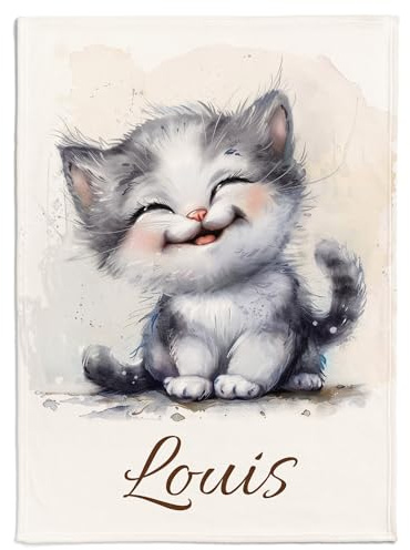 Pictogogo Personalisierte Babydecke mit Namen und Datum - Kuschelige Meilensteindecke aus Minky-Fleece, Ideal als Geburtsgeschenk (Graue Katze)