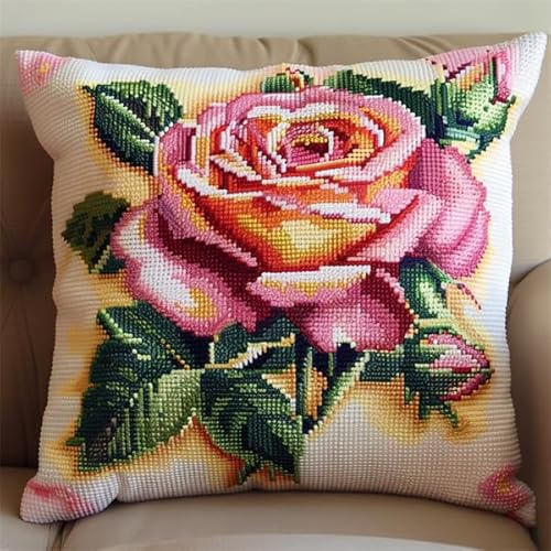 kitphoenix Cuscino da Ricamare Punto Croce Fiore Kit 45x45cm Prestampato Set Fai da Te Con Ago e Filo da Ricamo
