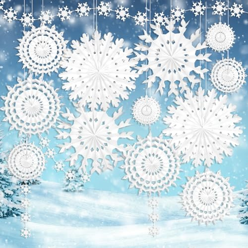 HOWAF 13 Weihnachten Schneeflocken Deko, Weiß Schneeflocken Papier Schneeflocken zum Aufhängen, Schneeflocken Girlande Weihnachtsanhänger für Frozen Geburtstagsdeko, Winter Deko, Weihnachten Deko