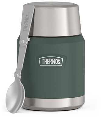 Thermos ICON Food Jar 0,47 l, grön matt/skog, matbehållare för mat 470 ml, dubbelväggigt 18/8 rostfritt stål, håller dig varm och kall, med vikbar sked, halkfritt golv, absolut tät
