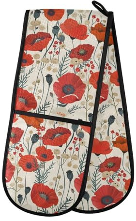 Double Oven Gloves Red Poppies Heat Resistant Pot Holder Oven Mitt Gloves for BBQ Cooking Baking Grilling Microwave