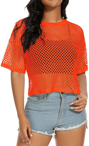 Top magliette da donna in rete fishnet estive trasparenti a maniche corte camicetta trasparente, Colore: arancione., S