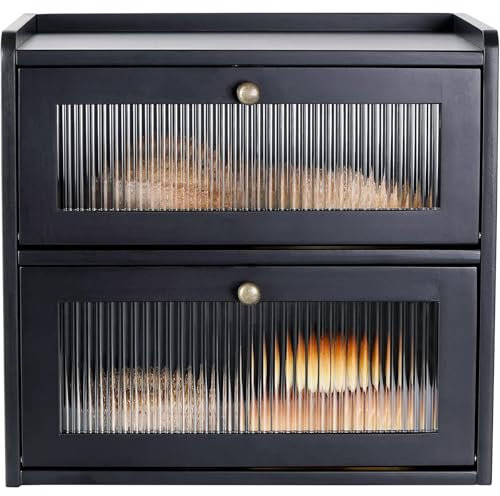 Portapane in Legno,Contenitore per Pane a Doppio Strato per Conservazione di Alimenti di Grande Capacità da Cucina e Panetteria,Cassetta per il Pane Salva Aroma in Legno,36.5*24*34cm (Nero)