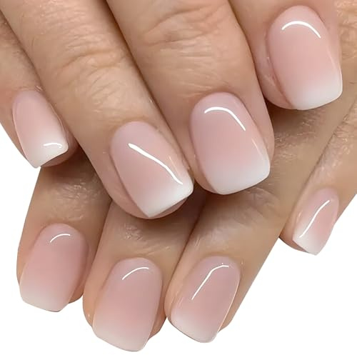 24 Stück Kurze künstliche Nägel zum Aufkleben, quadratisch, Nude Rosa, Farbverlauf, Weiß, Vollständige Abdeckung, für Frauen und Mädchen