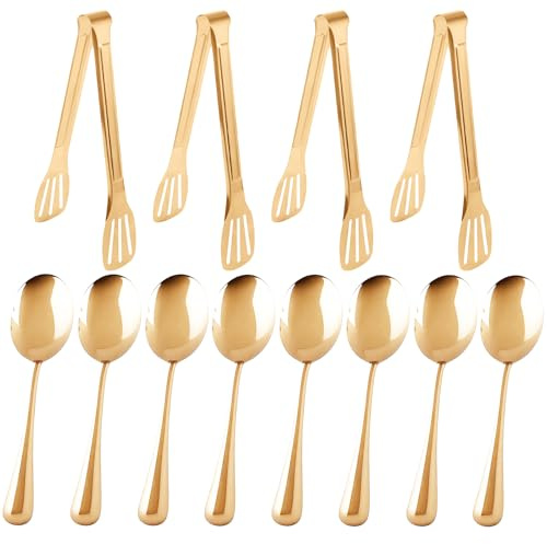 12PCS Stainless Steel Serving Utensils Sets,8 Large Serving Spoons,4 Serving Tongs,Gold Serving Utensills Sets for Buffet Catering Banquet Party (Gold)