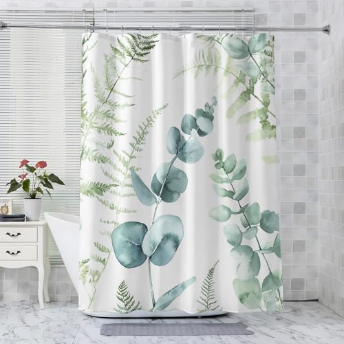 Generisch Duschvorhang Eukalyptus Motiv, Grüne Blätter Duschvorhang 120 x 200 cm Badewanne Badezimmer Deko, Anti Schimmel Waschbar Wasserdicht Textil Shower Curtain, 12 Haken (A0A281)