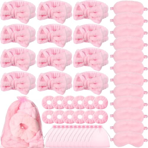48 pezzi Spa Party Set per feste notturne, 12 fasce rosa, 12 maschere per dormire in peluche, 12 elastici per capelli in velluto, 12 sacchetti in organza, perfetti come regali per spa