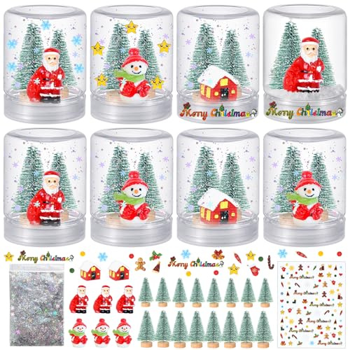 8 Set Christmas Plastic Snow Globes Kit Includes 8 Clear Snow Globe, 16 Mini Xmas Trees, 3 Snowman, 3 Santa Claus, 2 House, 1 Christmas Sticker with Glitter for DIY Crafts Home Winter Decor
