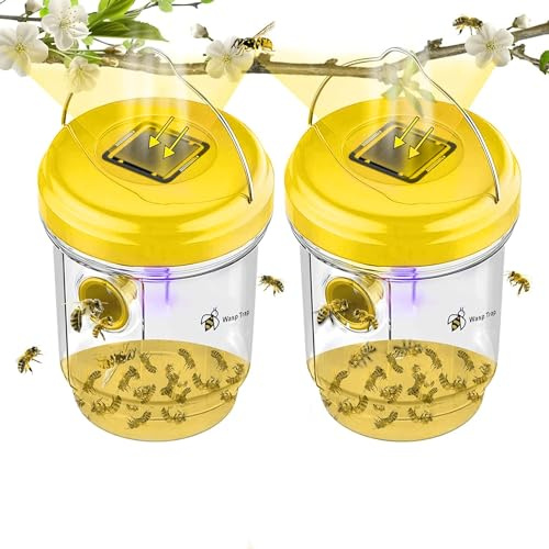 2 Pack Wasp Trap, Solar Wasp Traps Outdoor Hanging, Reusable Yellow Jacket Wasp Repellent & Hornet Trap with UV LED Light, Wasps Catcher Bee Killer for Garden, Patio, Camping & Farm Use (Yellow)