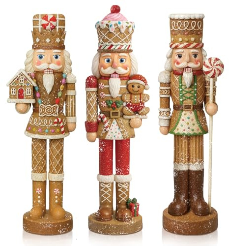 Simgoing 3 Pcs Gingerbread Nutcracker Figures Resin Christmas Nutcracker | Holding Christmas Cookies, Gingerbread Men and Candy, Nutcracker Soldier Xmas Table Centerpieces for Winter Holiday Gifts
