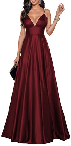 HOMEYEE Abito da donna da damigella d'onore lungo elegante con scollo a V per la sera senza schienale sexy abito da ballo trapezio abito da sposa A490, rosso scuro, S