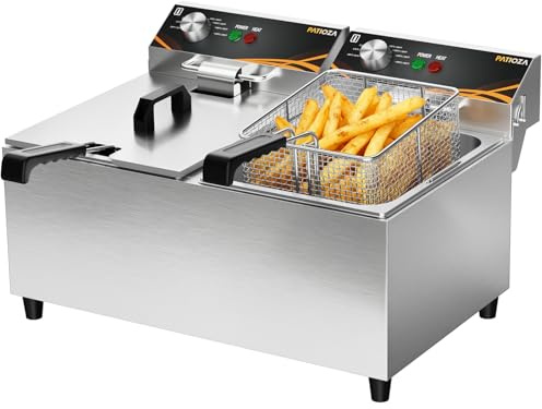 PATIOZA 2×8L Double Commercial Deep Fryer 6000W Stainless Steel Fryer | Double Deep Fat Fryer 60–200°C Adjustable Temp,Overheat Reset for Restaurant Home Use