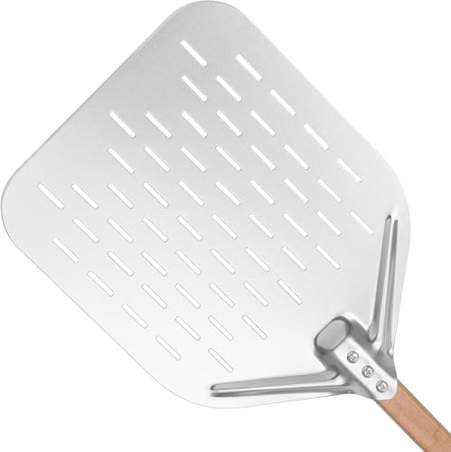 Pizzaschieber Perforiert, Pizza Schieber 12 Zoll Edelstahl Pizzaschaufel 40 x 30cm Großer Fläche Pizzastein & Abnehmbaren Holzgriff Pizza Schaufel (Modell 1)