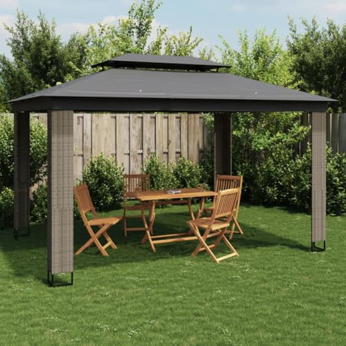 QJBSAVVA Pavillon 3,94x2,96 m Anthrazit Doppeldach aus Stahl und Rattan für Garten Terrasse Balkon wetterfeste Grillpavillon Gartenzelt für Familienfest und Camping