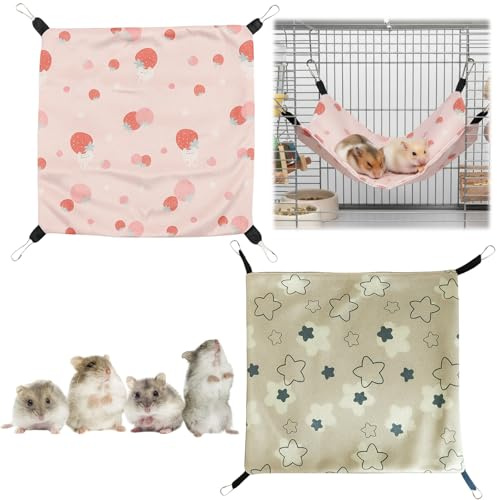 PDirat Meerschweinchen Hängematte, 2 Stück 34 x 34 cm Rattenhängematte, Frettchenzubehör, Kaninchenhängematte, Pinke Erdbeeren und Graue Sterne