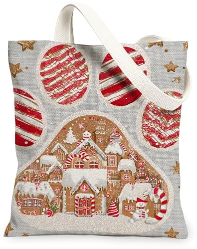 Sacs fourre-tout en toile motif maison de pain d'épices, sacs d'épicerie réutilisables, avec bandoulière lavable, Rouge, 13x15 Inch