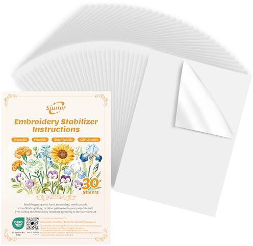 Siumir 30 Stück Stickvlies Selbstklebend Wasserlöslich, 29,7x21cm Stickpapier mit durchsichtiger Rückseite, Rückverfolgbar Zeichenstabilisator zum Drucken & Zeichnen für Hand- und Maschinenstickereien