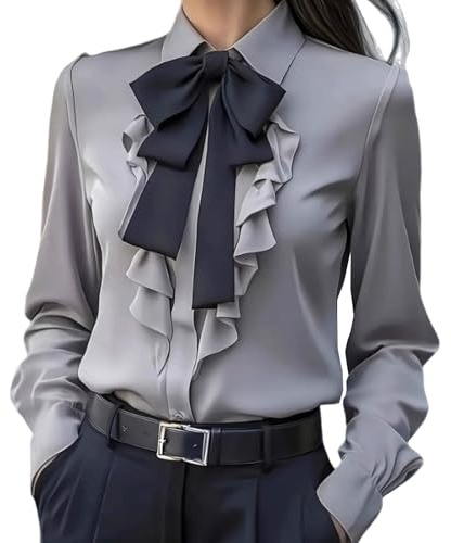 HAOLEI Satin Shirts for Women UK 2025, Ladies Satin Silk Blouses Elegant Bow Tie Neck Vintage Long Sleeve Shirts Going Out Solid Color Casual Smart Business Work Office Tops