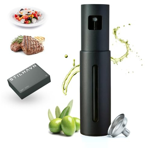 STILHAVN Premium Ölsprüher – Edelstahl & Glas, 100 ml, Mattschwarz | Öl leichter dosieren und bewusster kochen – ideal für Airfryer, Pfanne und Grill. Wertiger Edelstahlkorpus mit Glasbehälter.