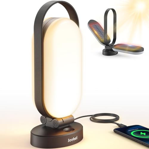 Jeebel Lampada Campeggio Solare, Lanterna LED Ricaricabile Pieghevole con Power Bank 5000mAh, Regolabile Tocco, 4 Modalità, IP55, Luce Tenda per Esterni/Escursioni/Urgente/Interruzioni Corrente (Nero)