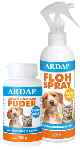 ARDAP Zecken und Floh Puder 150g + Flohspray zur Anwendung am Tier 250ml - Für Hunde und Katzen, Schützt sofort und zuverlässig vor Flöhen, Zecken, Läusen, Milben und Anderen Schädlingen (PT19)