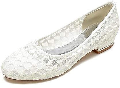 Yhsdfcn Spets Mesh Ballerinaskor Dam Hål mönster Blomma Rund Tå Blockklack Eleganta Platta Skor,Ivory,41 EU