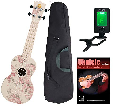 Classic Cantabile BeachBuddy Desert Rose Sopran Ukulele SET inkl. Tuner, Noten und Tasche (Uke, Hawaii Gitarre, Kunststoff, Outdoor & Strand tauglich, Stimmgerät, Schule, Tasche)