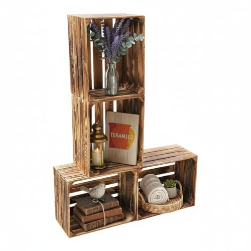 Teramico 4er Set Holzkisten in verschiedenen Variationen - Ideal als Couchtisch, zur Aufbewahrung oder einfach tolle Dekoration (Neu Geflammt)