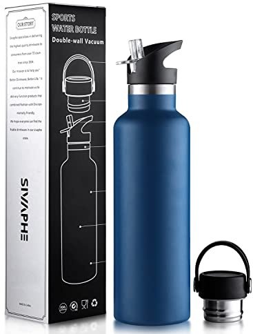 Sivaphe Water Bottle Insulated Double Walled Drink Flasks Bottle for Sports Outdoor, Stainless Steel Vacuum, Leak-Proof, with lids and Straw, 750ml, Blue