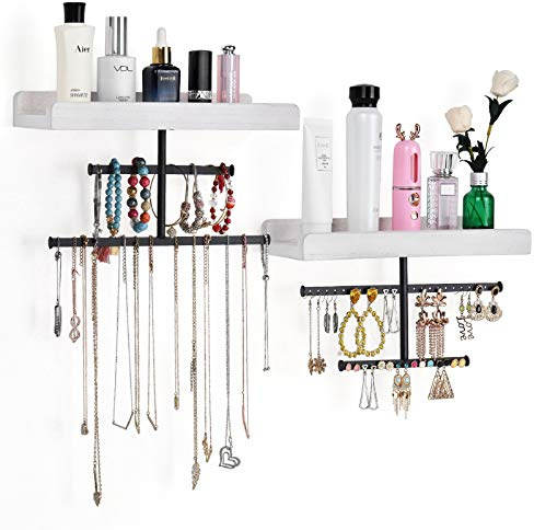 Keebofly Hanging Wall Mounted Jewelry Organizer with Rustic Wood Jewelry Holder Display for Necklaces Bracelet Earrings Ring Set of 2 White,[Patented]