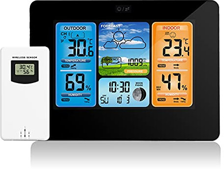 cigemay - Estación meteorológica, barómetro digital inalámbrico, reloj de calendario digital para exteriores para interiores (Unisex-Black)