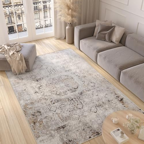 TAPISO Valley Teppich Kurzflor Vintage Ethno Hellgrau Ornament 200 x 300 cm | Meliert Verwischt Used Effekt Wohnzimmer Schlafzimmer OEKO-TEX