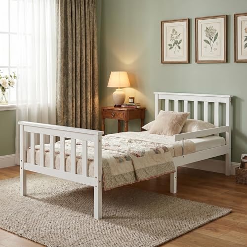 Panana Single Bed Frame with Guardrail, Simple and Elegant 3ft Soild Wooden Bed Frame for Children (White)