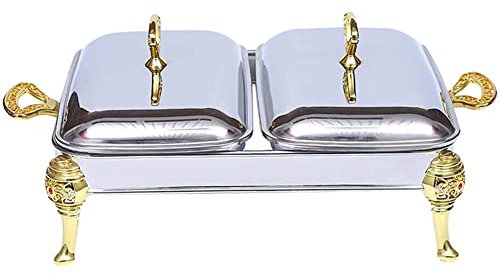MNSSRN Doppelgitter gegrilltes Fischbuffet-Erwärmung, Edelstahl rechteckig Buffet-Tisch-Lebensmittel-Erwärmungsherd, mit 2 Glasfächern