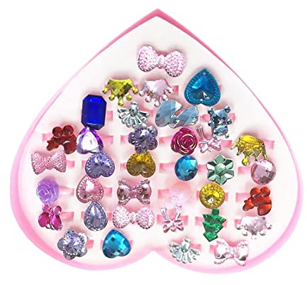 FANSEZQ 36 Pièces Bagues pour Enfants, Bagues pour Les Filles, couronne/coeur/fleur/bel arc, Jouer Habiller des bagues, Ensemble de Bagues Petites Filles avec Boîte De Coeur Rose, pour petites filles