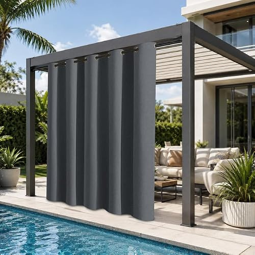 Rosnek Outdoor Curtains Waterproof Gazebo, W 71 x L 84 Extra Wide Patio Curtain, Thermal Insulated Eyelet Garden Drapes for Pergola, Patio, Porch Cover, 1 Panel with Tieback, Dark Gray