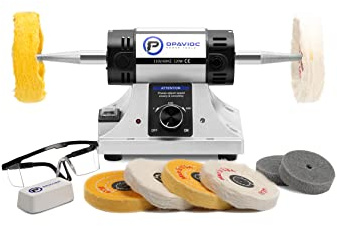 OPAVIOC - Pulidora de joyería – amoladora de banco de velocidad variable ajustable, pulidora y pulidora, amortiguador dental y torno, incluye 6 ruedas de tela, 2 ruedas de fibra abrasiva, vidrio de