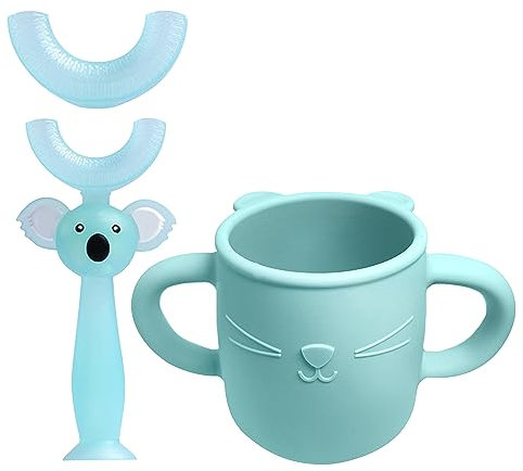 Brunoko Set de taza y cepillo de dientes de silicona - Incluye taza de aprendizaje y cepillo para niños con cerdas en forma de U para limpiar los dientes bucales de 360° - Apto niños de 2 a 12 años