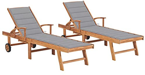 ZEYUAN Sonnenliegen 2 STK. Gartenliege, Liegestuhl, Sonnenstuhl, Sonneninsel Outdoor, Liegen, Gartenmöbel, Bäderliege, Relaxliege, mit Grauen Auflagen,Massivholz Teak